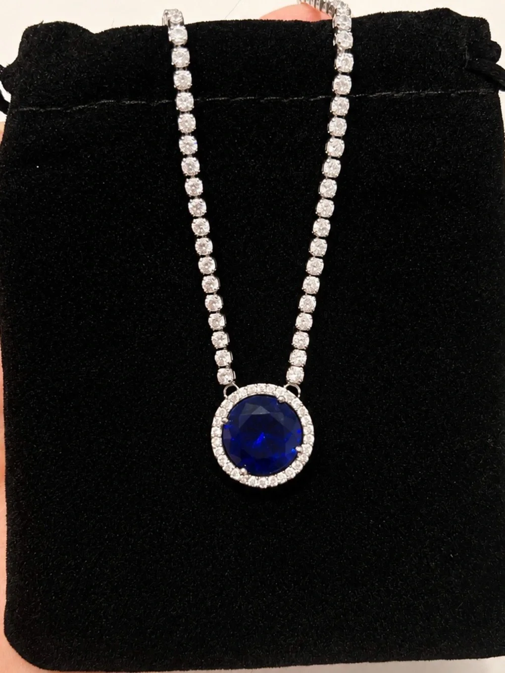 Sapphire Blue Round Pendant Tennis Necklace - Women Jewelry